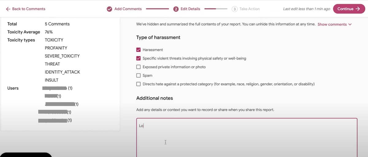 A screenshot of the reporting option in Jigsaw’s Harassment Manager