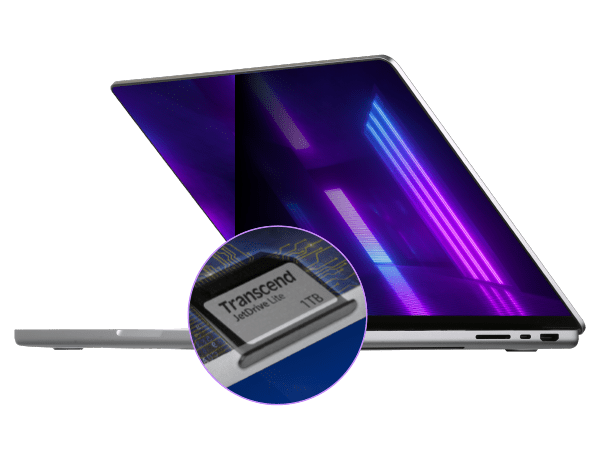 A MacBook Pro seen from the side with a neon purple background on the screen half open on a white background. Overtop is a small close-up of a 1TB Transcend JetDrive lite.