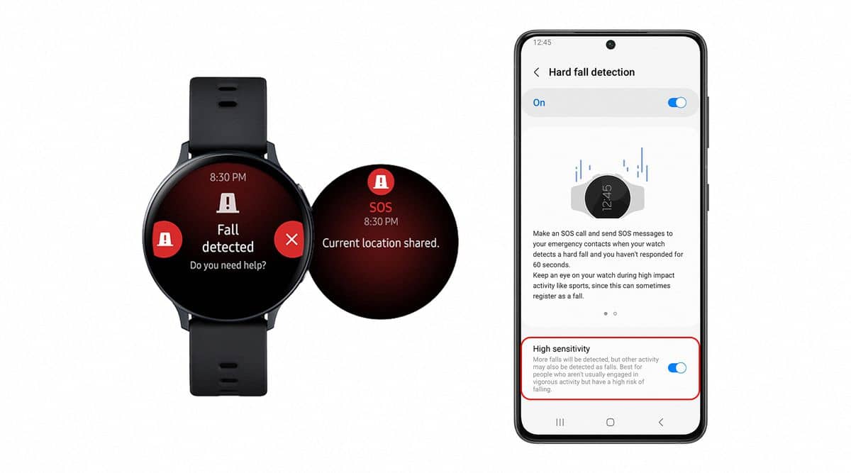 Examples of the fall detection feature on a Samsung watch.