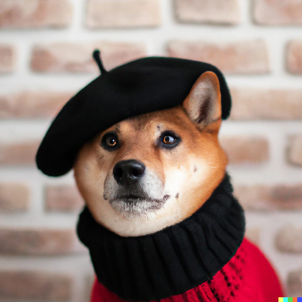A DALL-E 2 result for “Shiba Inu dog wearing a beret and black turtleneck.”