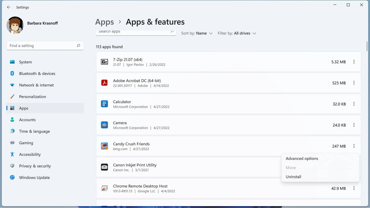 Apps & features menu showing uninstall menu