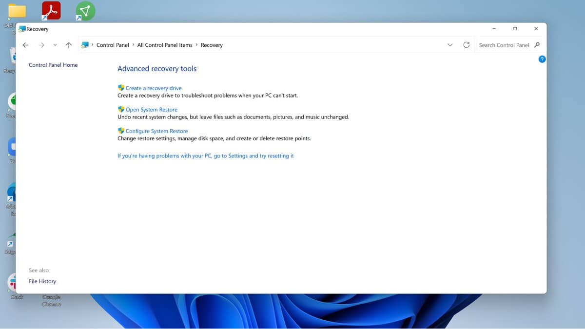 When you go to the Recovery page, you’ll be able to open or configure System Restore.