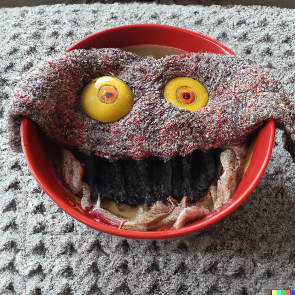 A DALL-E 2 result for “a bowl of soup that looks like a monster, knitted out of wool.”