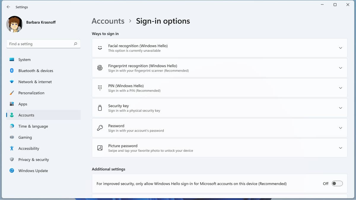 Under “Sign-in options,” you’ll see several different methods for signing in, including using your fingerprint, a PIN, or a picture password.