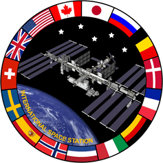 A logo of the ISS surrounded by the flags of all the countries that support it.